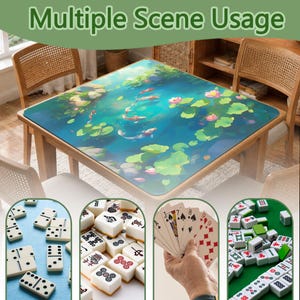 May include: A square table featuring a blue and green koi pond design. The table is surrounded by chairs and has the text "Multiple Scene Usage" at the top. Below are images of dominoes, mahjong tiles, and playing cards.