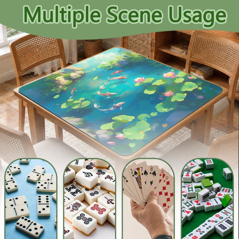 May include: A square table featuring a blue and green koi pond design. The table is surrounded by chairs and has the text "Multiple Scene Usage" at the top. Below are images of dominoes, mahjong tiles, and playing cards.