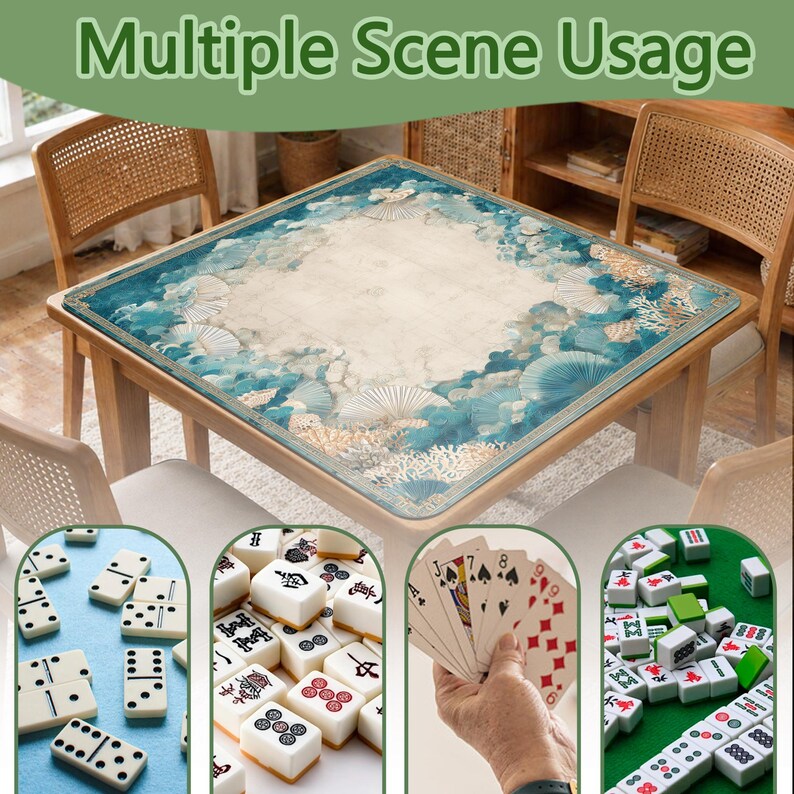May include: A square table with a decorative blue and beige patterned mat. The mat features a design of clouds, shells, and coral. The image also shows dominoes, mahjong tiles, playing cards, and other game pieces, with the text "Multiple Scene Usage".