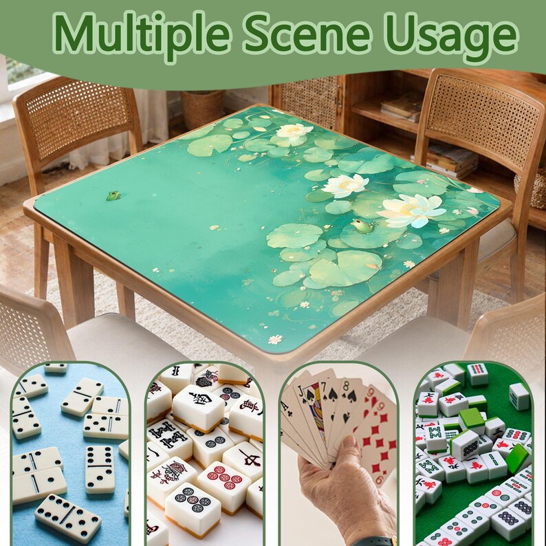 Puede incluir: Una mesa cuadrada de madera con una tapa verde con dise&ntilde;o floral. La tapa presenta un dise&ntilde;o de nen&uacute;fares con flores blancas y hojas de nen&uacute;far verdes. La imagen tambi&eacute;n muestra domin&oacute;s, fichas de mahjong, naipes y otras piezas de juego.