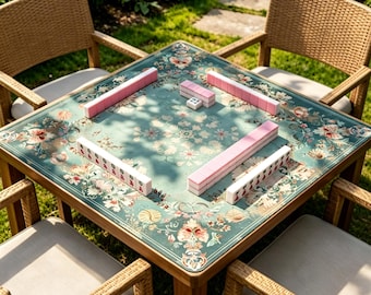 Vintage Coastal Mahjong Mat, Seashell Floral Game Mat, Aqua Blue Non Slip Tabletop Playmat, Ocean Cottage Mahjong Pad, Board Game Gift