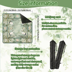 Puede incluir: Una alfombrilla de mahjong cuadrada con estampado bot&aacute;nico verde, grullas blancas y flores de loto, disponible en 53, 78, 86 y 99 cm. La alfombrilla tiene el reverso negro e incluye una bolsa de almacenamiento cil&iacute;ndrica, negra e impermeable.