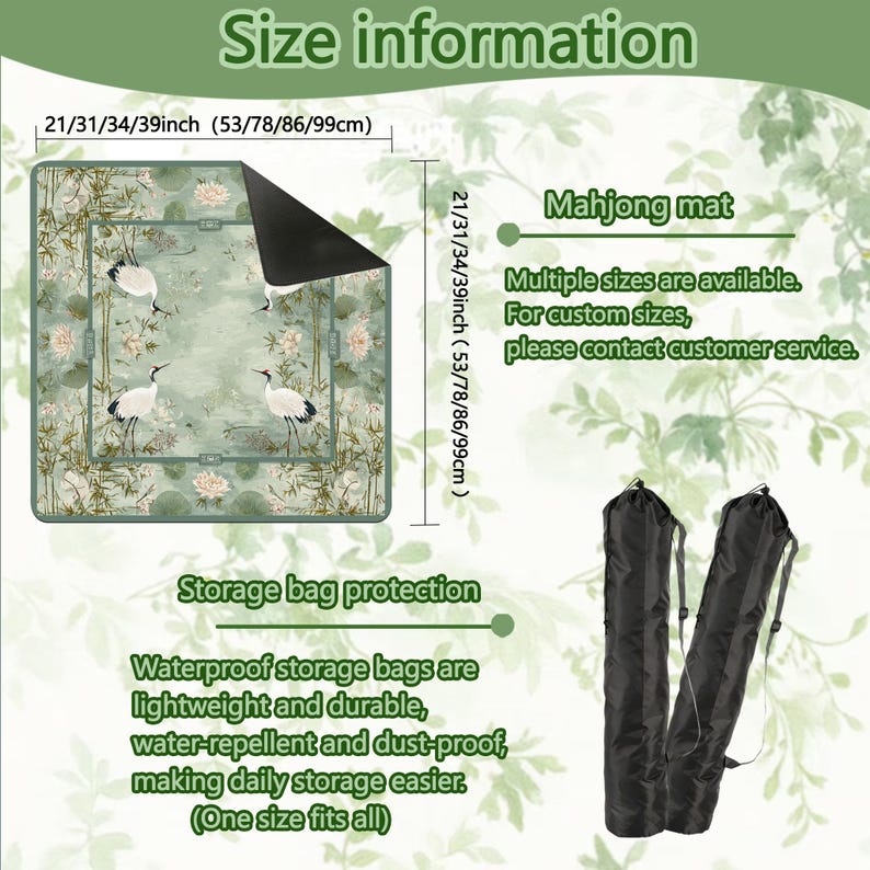 Puede incluir: Una alfombrilla de mahjong cuadrada con estampado bot&aacute;nico verde, grullas blancas y flores de loto, disponible en 53, 78, 86 y 99 cm. La alfombrilla tiene el reverso negro e incluye una bolsa de almacenamiento cil&iacute;ndrica, negra e impermeable.