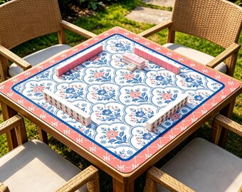 Tapete de Mahjong Floral Azul, Tapete de Mesa Chinoiserie Coral, Tapete de Jogo Preppy Antiderrapante para Mahjong