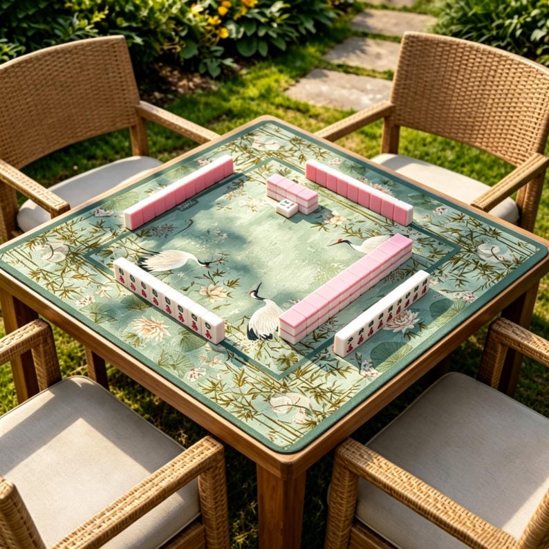 Puede incluir: Una mesa de mahjong cuadrada con un tapete verde que presenta un patr&oacute;n estampado de grullas blancas, bamb&uacute; y flores de loto. Cuatro juegos de fichas de mahjong rosas y blancas est&aacute;n dispuestos sobre la superficie, con una peque&ntilde;a pila en el centro.