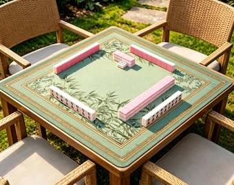 Tapete de Mahjong em Bambu Verde Sálvia, Tapete de Mesa em Bambu Estilo Chinoiserie, Tapete Antiderrapante para Jogo de Mahjong, Tapete Elegante para Jogos com Estampa Botânica Oriental