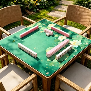 Puede incluir: Una mesa de mahjong cuadrada de madera con una superficie de juego verde decorada con flores de loto blancas y nen&uacute;fares. Las fichas de mahjong rosas y blancas est&aacute;n dispuestas sobre la mesa. Cuatro sillas de mimbre rodean la mesa.