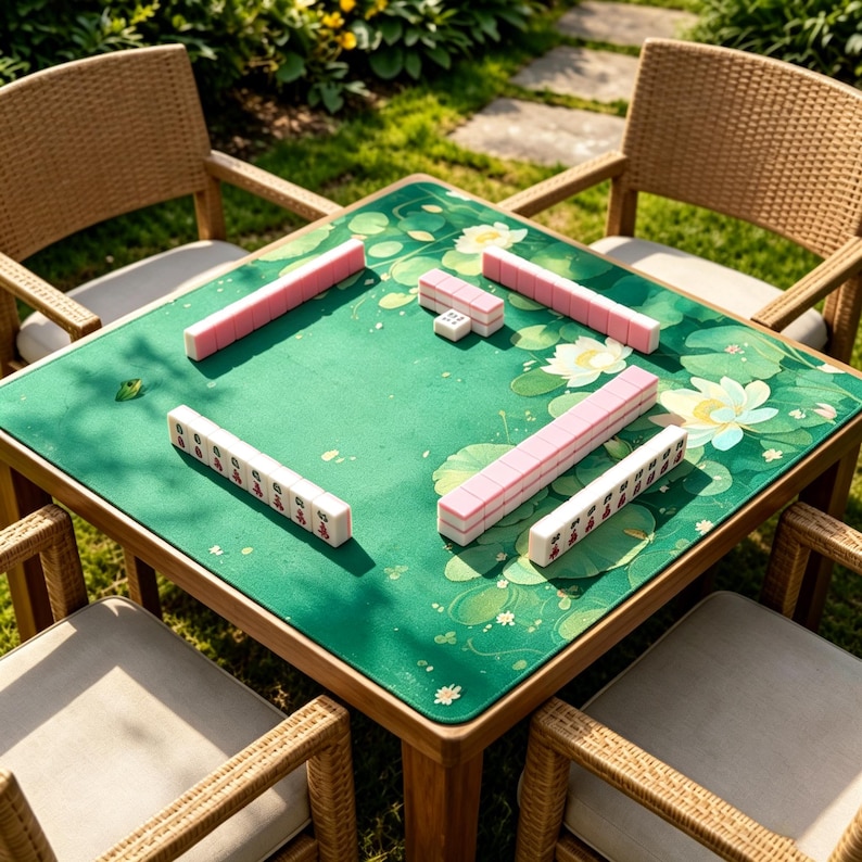 Puede incluir: Una mesa de mahjong cuadrada de madera con una superficie de juego verde decorada con flores de loto blancas y nen&uacute;fares. Las fichas de mahjong rosas y blancas est&aacute;n dispuestas sobre la mesa. Cuatro sillas de mimbre rodean la mesa.