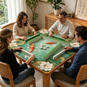 May include: A group of four people playing mahjong at a wooden table. The table has a green surface with a koi fish and lotus flower design. The mahjong tiles are green and white. The players are seated around the table.