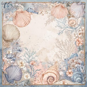 May include: A square decorative print featuring a border of illustrated seashells, coral, and aquatic flora in soft shades of peach, blue, and cream. The central area is a light, speckled beige, framed by a thin gold line against a blue background.