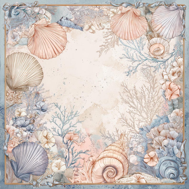 May include: A square decorative print featuring a border of illustrated seashells, coral, and aquatic flora in soft shades of peach, blue, and cream. The central area is a light, speckled beige, framed by a thin gold line against a blue background.