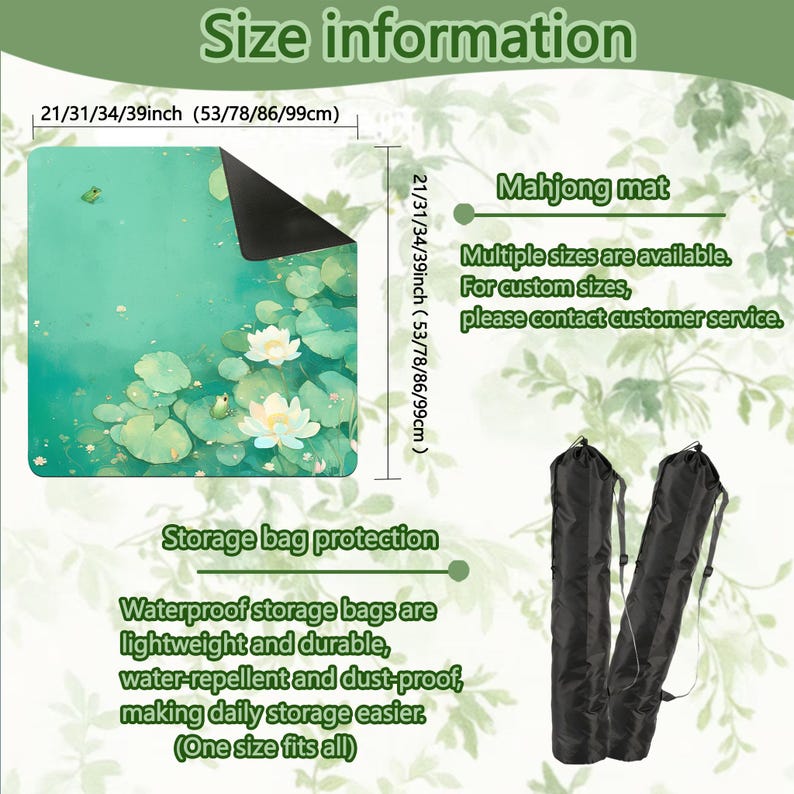 Puede incluir: Un tapete de mahjong con un dise&ntilde;o de acuarela de nen&uacute;fares y flores en tonos verdes y blancos. Disponible en m&uacute;ltiples tama&ntilde;os, incluyendo 53, 78, 86 y 99 cm. Incluye una bolsa de almacenamiento negra. El texto dice "Mahjong mat".