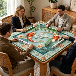 May include: Four people playing Mahjong around a wooden table. The table has a teal surface with koi carp and floral designs. Green and white Mahjong tiles are arranged on the table, ready for play.