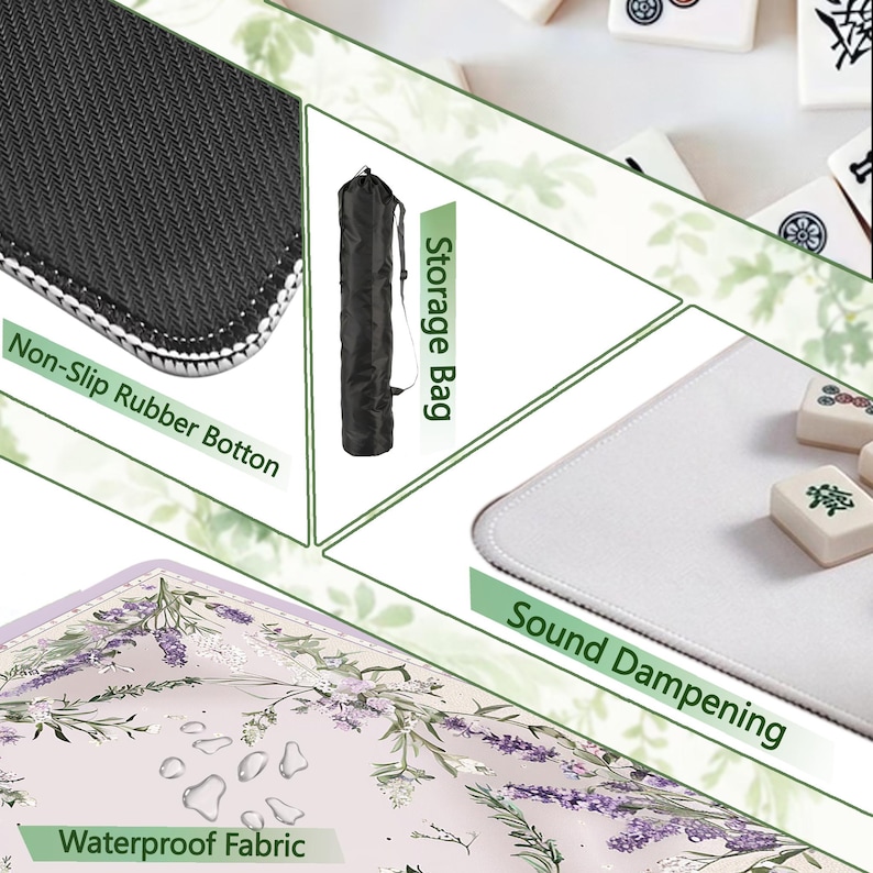 May include: A lavender-themed Mahjong mat with a floral design, featuring a non-slip rubber bottom, waterproof fabric, and sound dampening. Includes a storage bag. The image also shows Mahjong tiles.