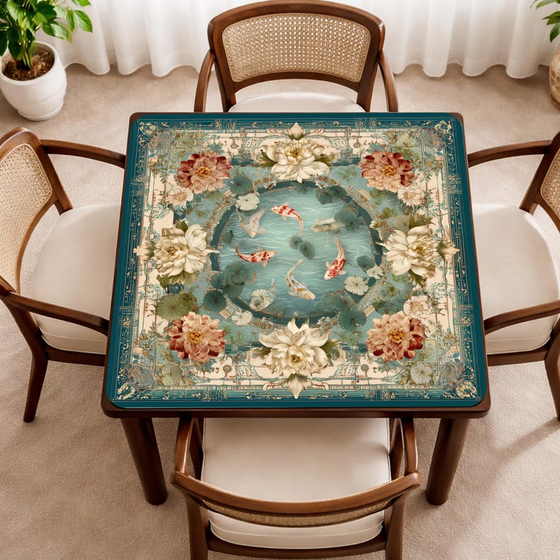K&ouml;nnte beinhalten: Ein quadratischer Holztisch mit einer dekorativen Tischplatte, die eine Teichszene mit Kois, Lotusblumen und floralen Akzenten zeigt. Der Tisch ist von vier Holzst&uuml;hlen mit gewebten R&uuml;ckenlehnen und wei&szlig;en Kissen umgeben.