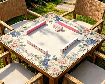 Blue Pink Floral Mahjong Mat, Vintage Botanical Table Mat, Non Slip Garden Game Mat for Mahjong