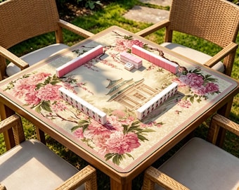 Peony Pagoda Mahjong Mat, Pink Chinoiserie Table Mat, Non Slip Floral Garden Game Mat