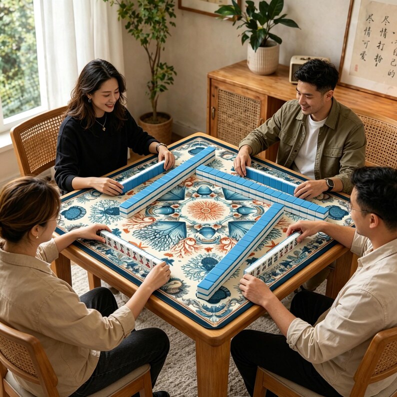 May include: A wooden mahjong table with a patterned surface is surrounded by four people. Each person is holding a set of blue and white mahjong tiles. The table has a floral and nautical design in shades of blue, orange, and cream.