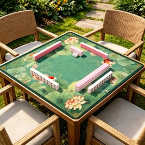 May include: A square wooden mahjong table with a green surface featuring lotus flowers and koi fish. Pink and white mahjong tiles are arranged on the table. Four wicker chairs surround the table, set on a grassy lawn.