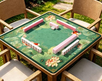 Koi Lotus Mahjong Mat, Green Pond American Mahjong Table Cover, Water Lily Non Slip Game Mat Gift for Mahjong Lovers