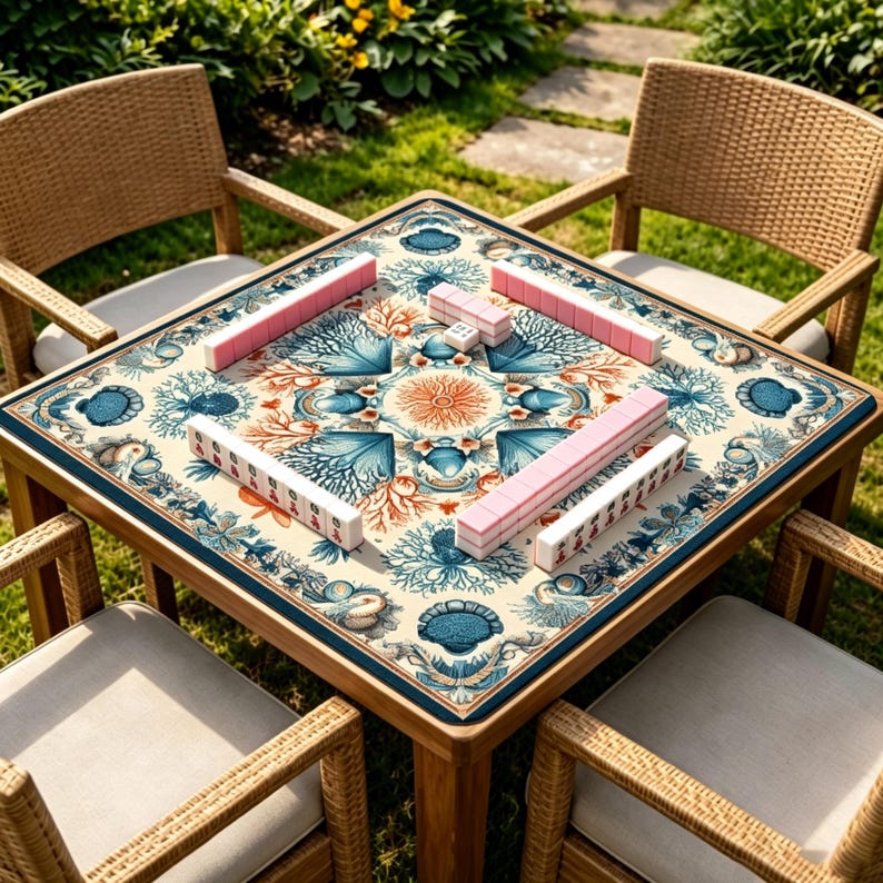 May include: A square wooden Mahjong table with a cream surface, decorated with a blue and coral reef pattern. Pink and white Mahjong tiles are arranged on the table, surrounded by four wicker chairs. The table is set on a grassy lawn.