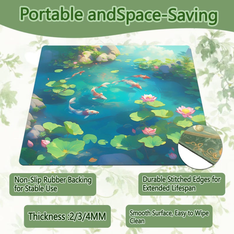 May include: A rectangular mousepad with a pond scene, koi carp, lily pads, and lotus flowers. It has a non-slip rubber backing and stitched edges. The text "Portable and Space-Saving" is at the top. Thickness is 2/3/4mm.