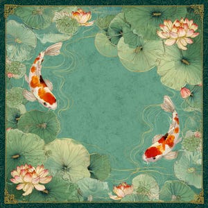 May include: A square decorative art piece featuring a teal pond scene with two koi fish, lily pads, and lotus flowers. The koi are white, orange, and black. The lotus flowers are pink and white. The border is dark green with gold accents.