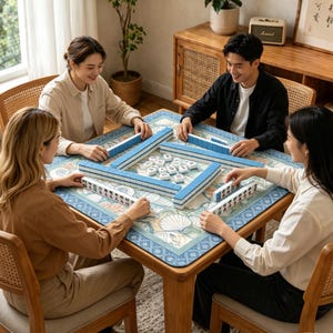 May include: A square wooden table with a blue and white patterned mat featuring seashell illustrations. Four people are seated around the table playing a game with white rectangular tiles that have black and red markings, arranged in rows.