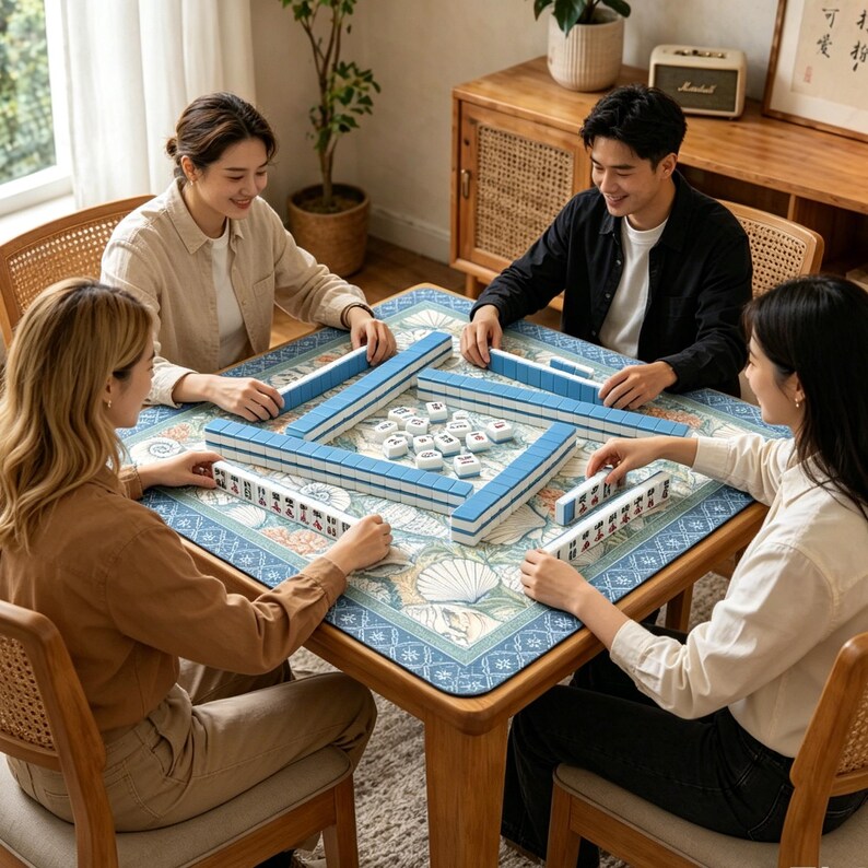 May include: A square wooden table with a blue and white patterned mat featuring seashell illustrations. Four people are seated around the table playing a game with white rectangular tiles that have black and red markings, arranged in rows.