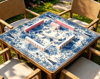 Blue Peony Mahjong Mat, Chinoiserie Floral Table Mat, Non Slip Oriental Game Mat for Mahjong