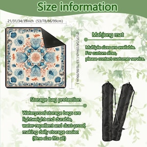 May include: A square Mahjong mat with a marine-themed design featuring coral and seashells in shades of blue, orange, and cream. The mat is available in multiple sizes, ranging from 53 to 99 cm. Includes waterproof storage bags.