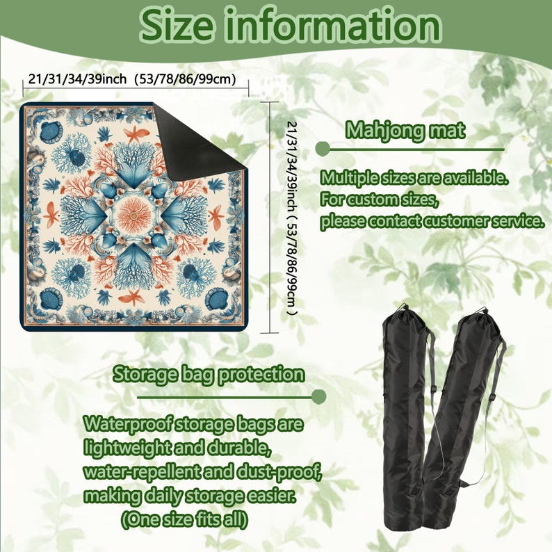 May include: A square Mahjong mat with a marine-themed design featuring coral and seashells in shades of blue, orange, and cream. The mat is available in multiple sizes, ranging from 53 to 99 cm. Includes waterproof storage bags.