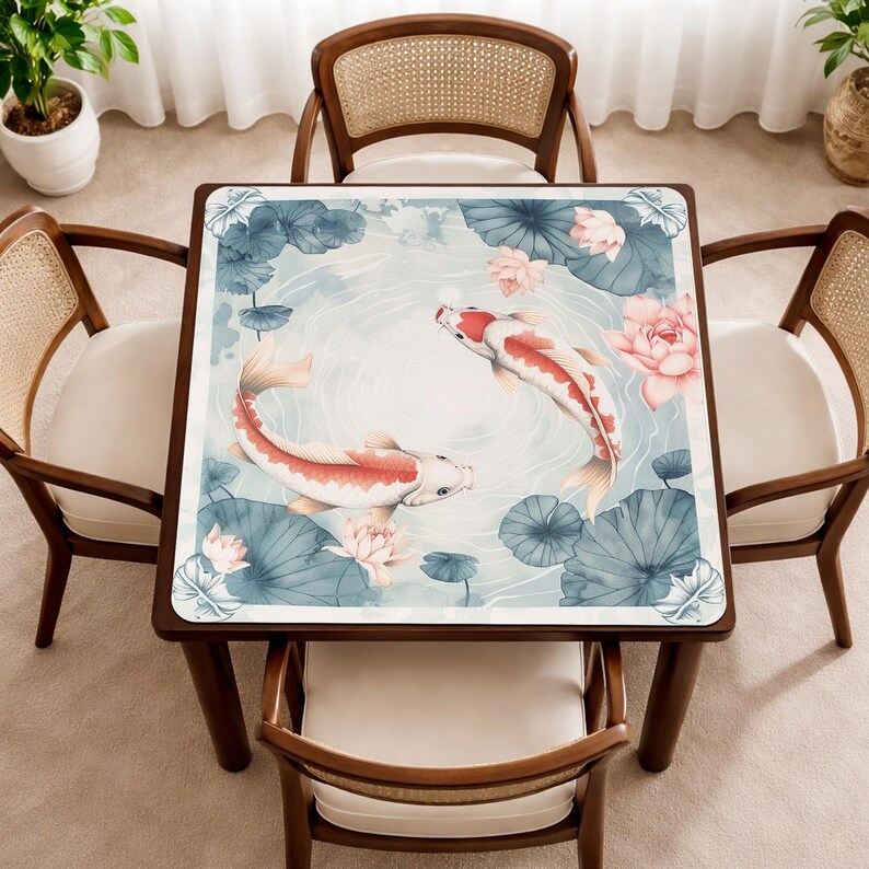 May include: A square wooden table with a decorative top featuring a koi pond design. The table is surrounded by four wooden chairs with woven backs and cream-colored cushions. The koi fish are red and white, swimming among lotus flowers.