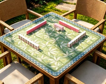 Tapete de Mahjong em Folha de Bambu, Tapete de Mesa Botânico Sálvia, Tapete Antiderrapante Chinoiserie para Jogos de Mahjong