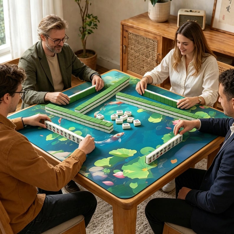 May include: A group of four people playing Mahjong. The table has a blue surface with a koi pond design. Green and white Mahjong tiles are arranged on the table. The players are holding the tiles, ready to play.