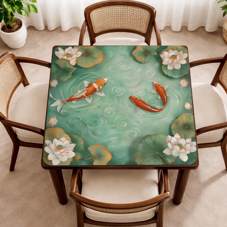May include: Square wooden table with a painted top featuring a pond scene with koi fish, lily pads, and lotus flowers. The table is surrounded by four wooden chairs with woven backs and white cushions.