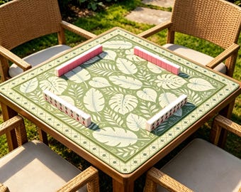 Tapete de Mahjong com Folhas Tropicais, Tapete de Mesa Botânico Sálvia, Tapete de Jogo Verde Antiderrapante para Mahjong