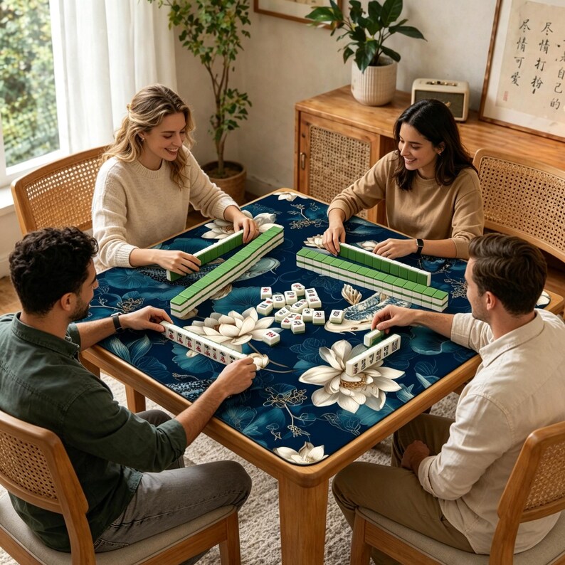 May include: A square wooden table with a blue floral patterned top. Four people are playing Mahjong, with green and white tiles and racks. The table is surrounded by wooden chairs with woven backs.