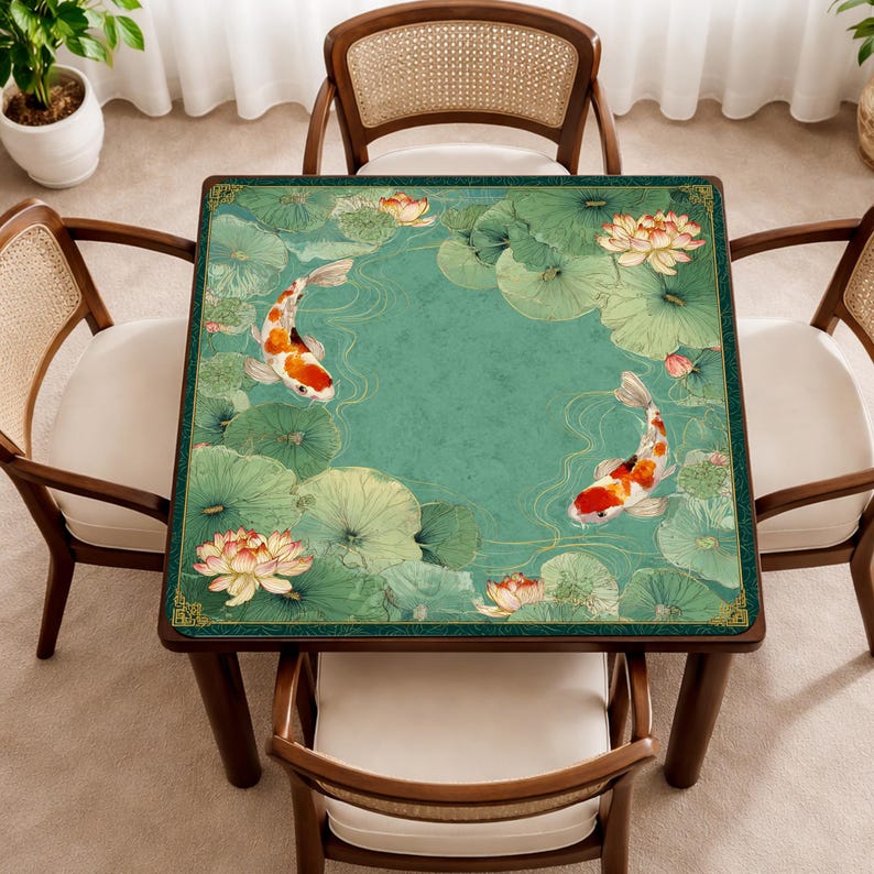 May include: Square wooden table with a teal top featuring a koi pond design. The table has a dark brown frame and is surrounded by four wooden chairs with woven backs and white cushions. The koi fish are orange, white, and black.
