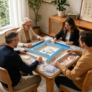 May include: A square mahjong table with a seashell-patterned surface, featuring four blue tile racks arranged in a square formation and a collection of white mahjong tiles with black and red markings placed in the center of the playing area.