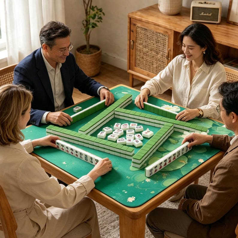 Puede incluir: Cuatro personas jugando al mahjong en una mesa de madera. La mesa tiene una superficie verde con un dise&ntilde;o floral. Las fichas de mahjong son blancas con detalles verdes. Los jugadores visten ropa informal.