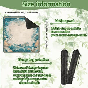 May include: A Mahjong mat with a sea-themed design, available in multiple sizes, including 21, 31, 34, and 39 inches. The image also shows waterproof storage bags for the mat, designed to be lightweight, durable, and dust-proof.