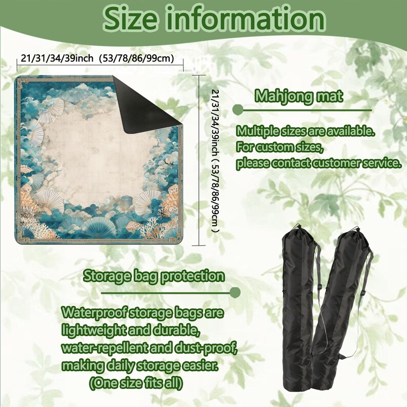 May include: A Mahjong mat with a sea-themed design, available in multiple sizes, including 21, 31, 34, and 39 inches. The image also shows waterproof storage bags for the mat, designed to be lightweight, durable, and dust-proof.