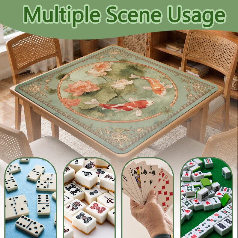May include: A square table mat featuring a central circular illustration of orange and white koi fish swimming among pink lotus flowers and green lily pads, set against a sage green background with ornate gold corner scrollwork patterns.