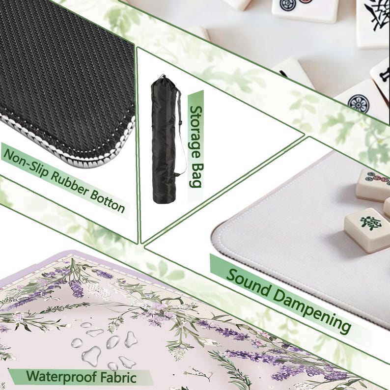 May include: A rectangular mahjong mat featuring a light purple surface with a lavender floral pattern, a non-slip black rubber bottom, and sound-dampening properties. The set includes a black cylindrical storage bag with a drawstring closure.