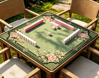 Tapete de Mahjong com Estampa Floral de Peônias, Verde Sálvia Estilo Chinoiserie, Tapete Oriental Antiderrapante para Jogos de Mahjong