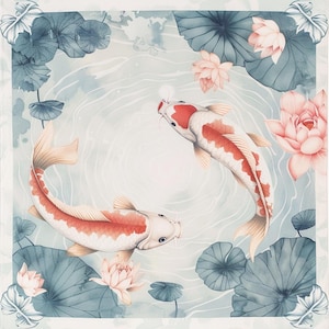 May include: Square scarf featuring a watercolor illustration of two koi fish swimming in a pond with lotus flowers and lily pads. The fish have red and white markings. The background is a light blue with soft, flowing lines.