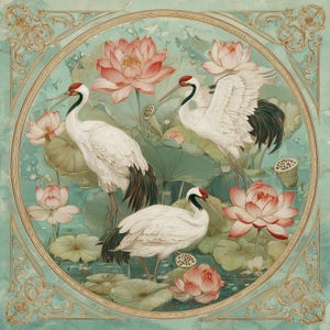 May include: A square decorative print featuring a circular frame with ornate gold filigree corners. Inside the circle, three white cranes with red crowns and black tail feathers stand among pink lotus flowers and large green lily pads.