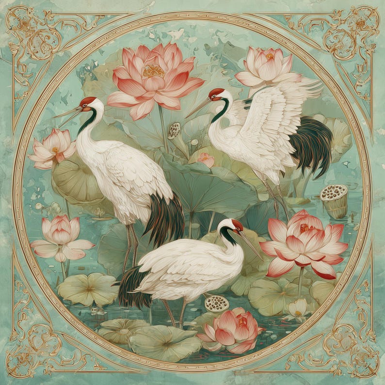 May include: A square decorative print featuring a circular frame with ornate gold filigree corners. Inside the circle, three white cranes with red crowns and black tail feathers stand among pink lotus flowers and large green lily pads.
