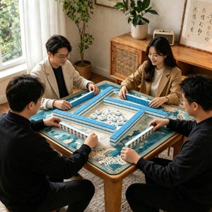 May include: Four people playing Mahjong around a square wooden table. The table has a blue and white patterned mat. The Mahjong tiles are white with black characters, and the racks are blue. The players are wearing casual clothing.